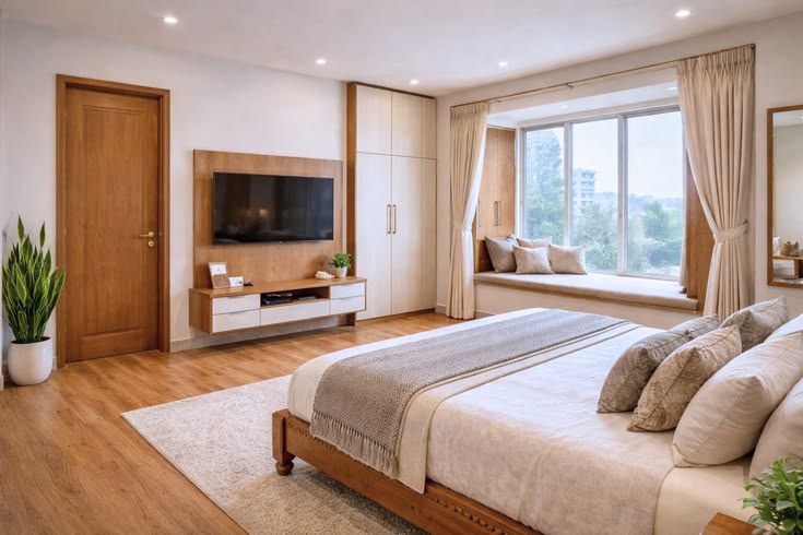 Elegant Bedroom idea with Cozy Window Seating & Classic Wooden Interiors